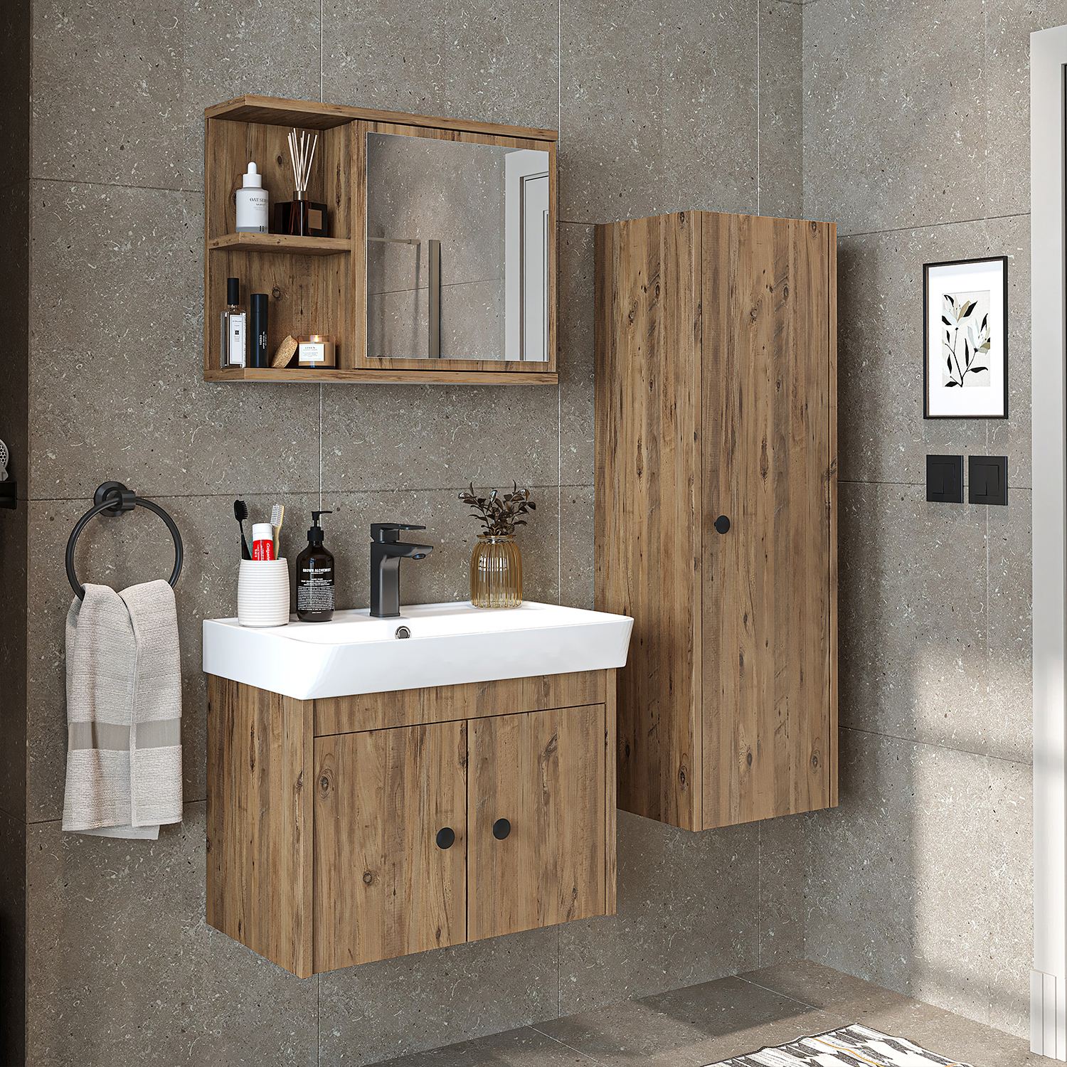 Set Dulap de Baie cu Chiuvetă și Oglindă (3 Piese), Hanah Home, 2867, PAL MELAMINAT, Maro