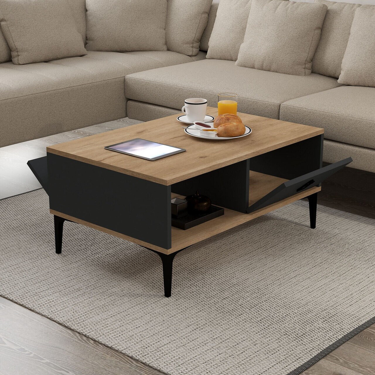 Masuta de cafea, Hanah Home, Sare 2003, 90x41.5x60 cm, PAL, Stejar safir / Antracit — imaginea 4