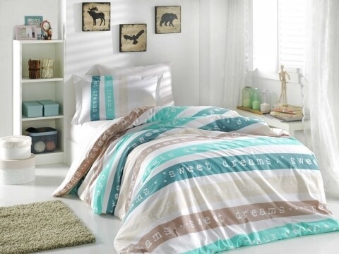 Lenjerie de pat pentru o persoana, 3 piese, 100% bumbac poplin, Hobby, Sweet Dreams, verde/bej