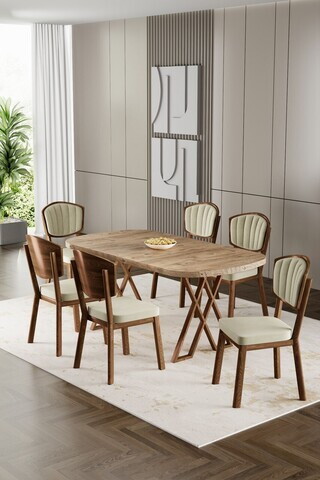 Set masa si scaune (7 piese), Hanah Home, Flori, Pin / Aspect de lemn / Crem
