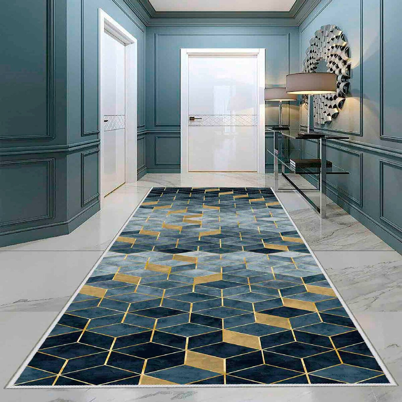 Covor Wooylk0054 80x250 cm Poliester Verde / Auriu / Verde închis