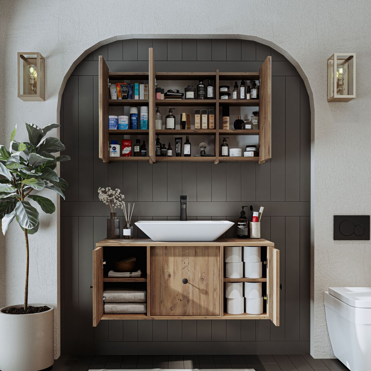 Set Dulap de Baie cu Chiuvetă și Oglindă (2 Piese), Hanah Home, 2556, MDF, Maro — imaginea 4