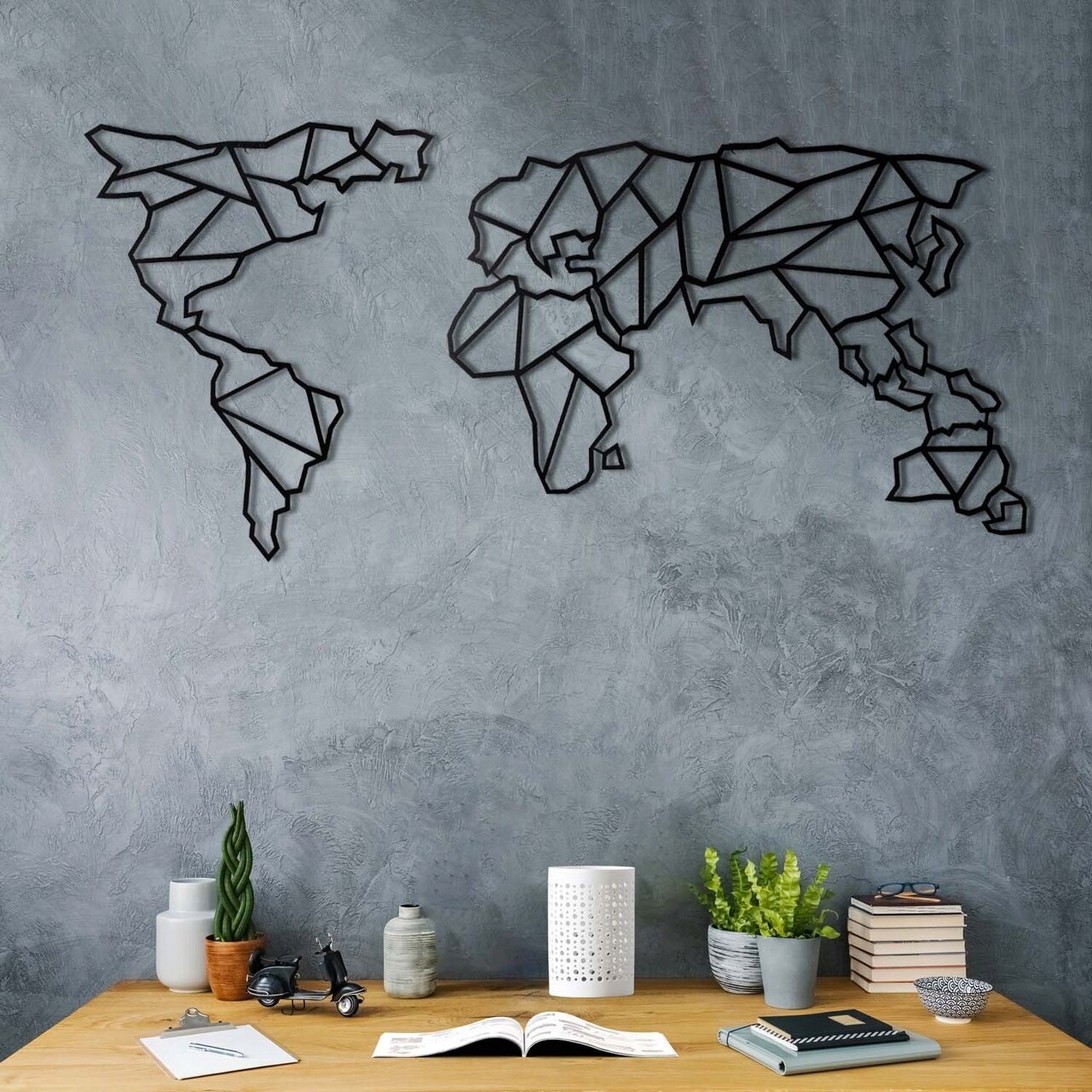 Decoratiune de perete, World Map, Metal, Dimensiune: 60 x 120 cm, Negru - 2 | YEO
