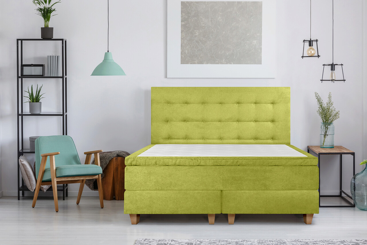 Pat matrimonial, Stockholm, Buttons E, 180x200 cm, saltea tip Pocket, topper memory, Verde