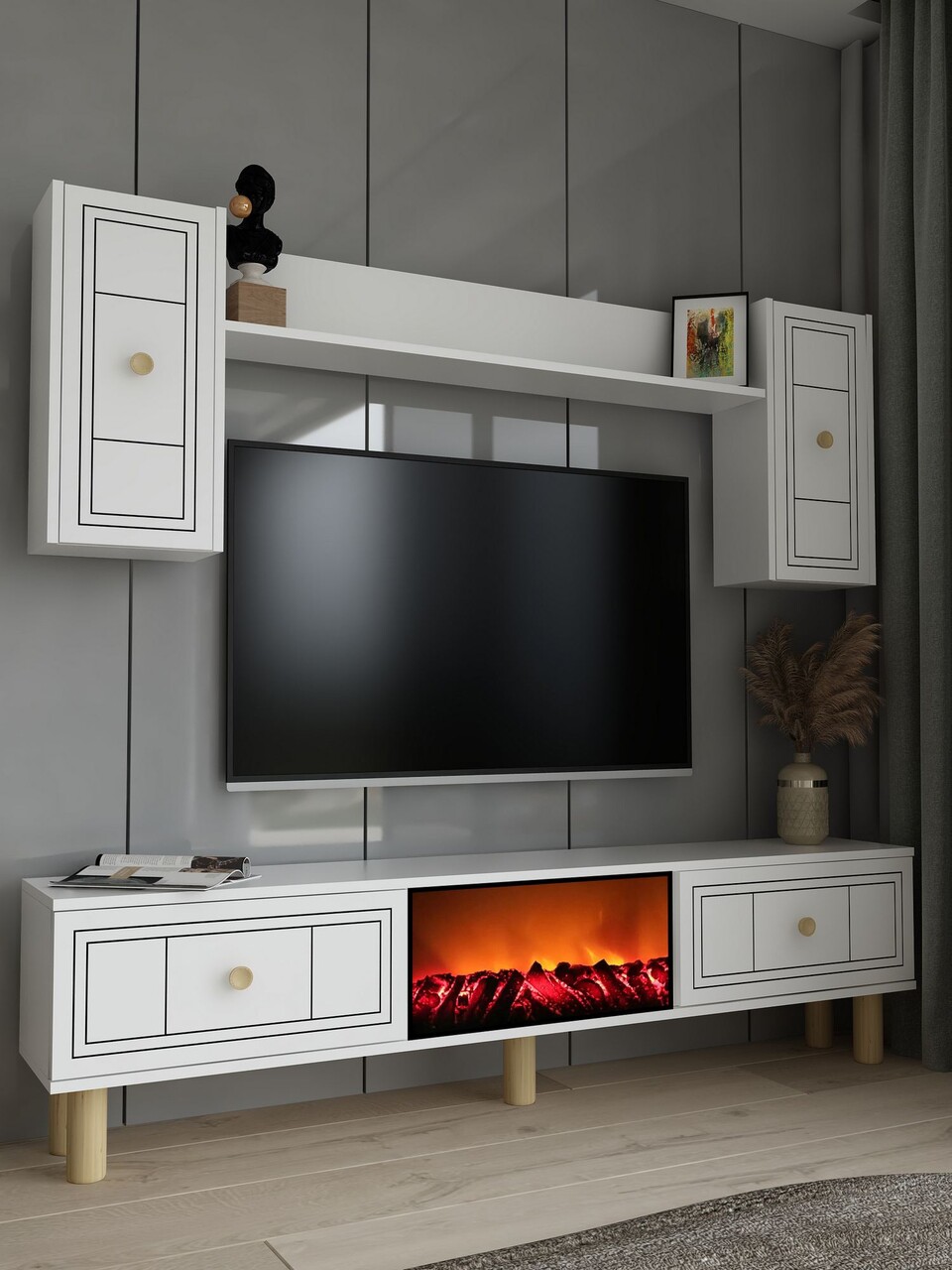 Comoda TV, Hanah Home, Dario Bohem Fireplace, 150x44.6x29.6 cm, PAL , Alb - imagine 2