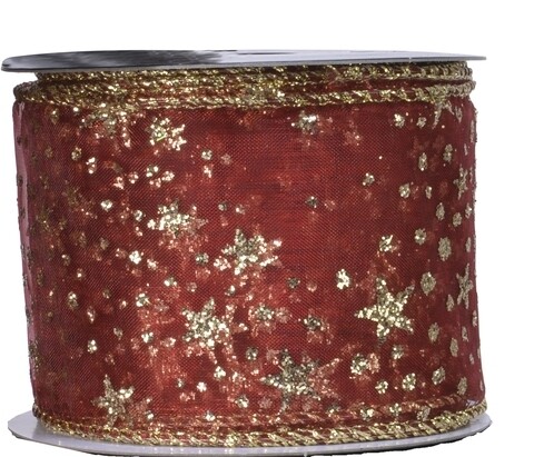 Panglica decorativa Star organza, Decoris, 270x6.3 cm, poliester, rosu/auriu