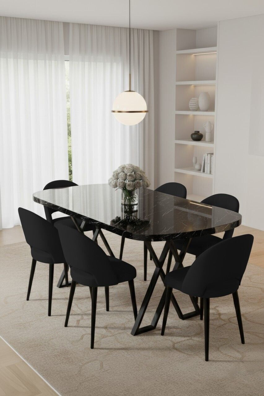 Set masa si scaune (7 piese), Hanah Home, Arvon, Model de marmură neagră / Negru