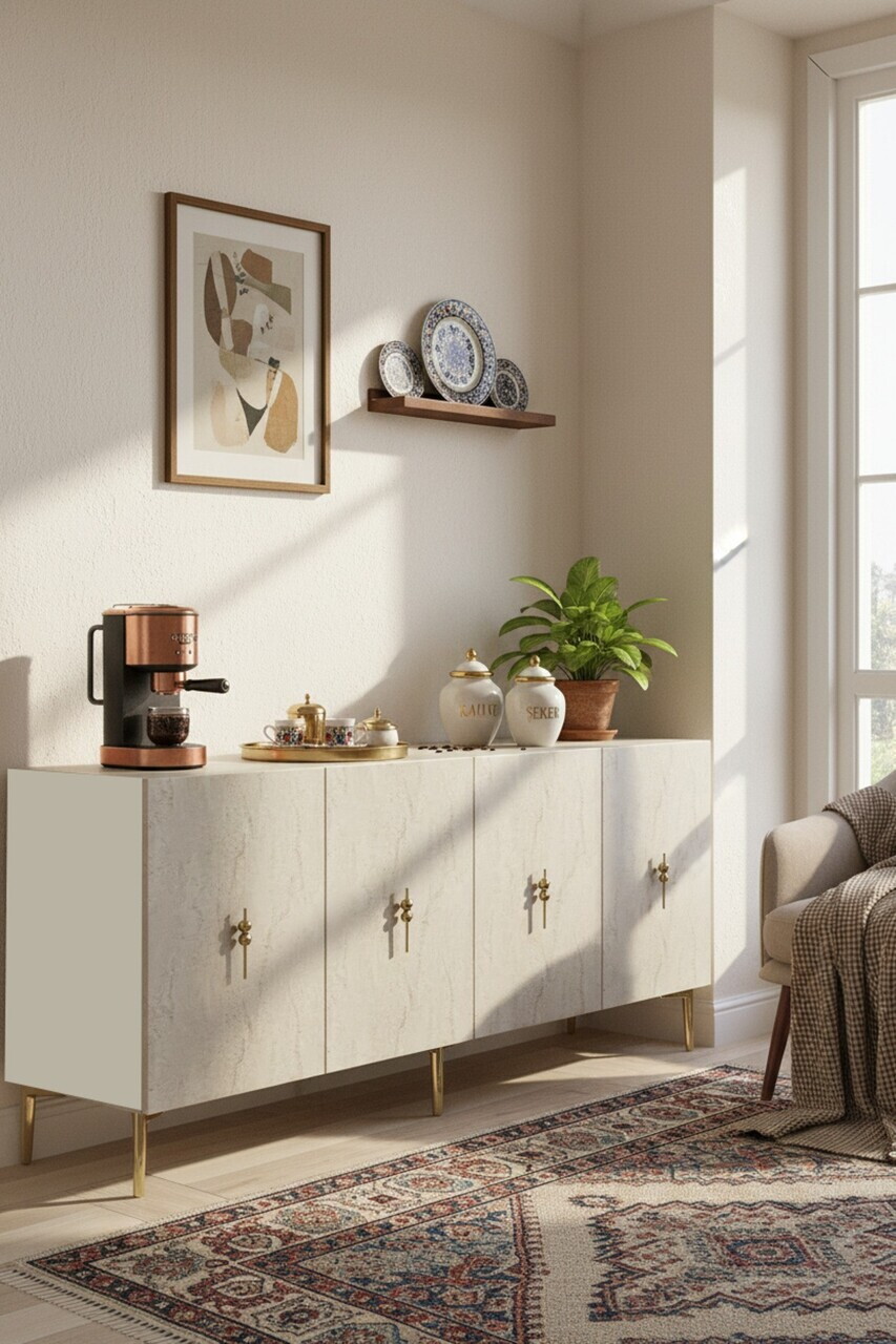 Consola, Hanah Home, Salkım 180, 180x75x32 cm, White / Travertine / Gold
