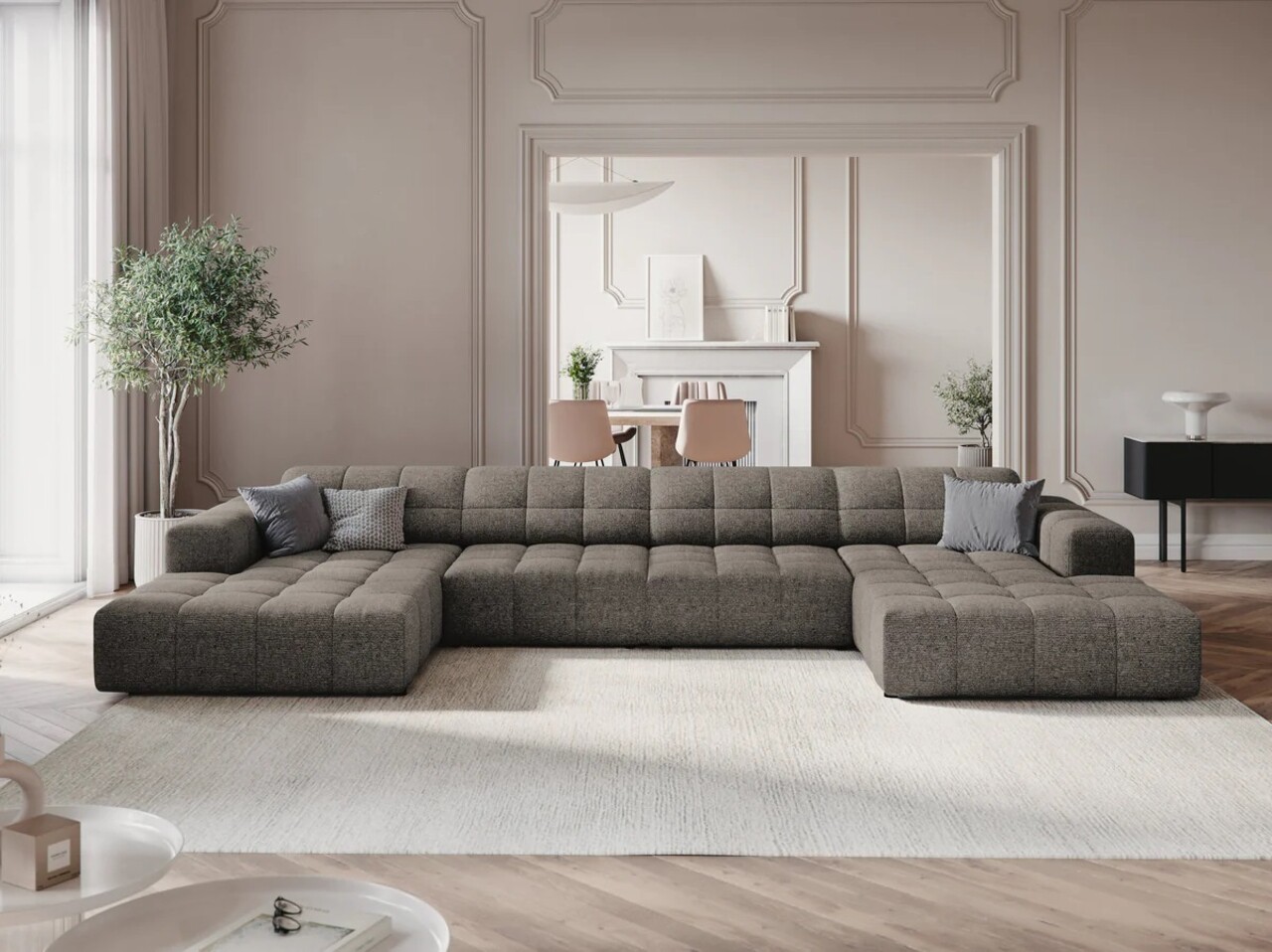 Canapea panoramica 6 locuri, Jennifer-140, Micadoni Home, 364x166x70 cm, tesatura chenille din poliester, gri - 1 | YEO