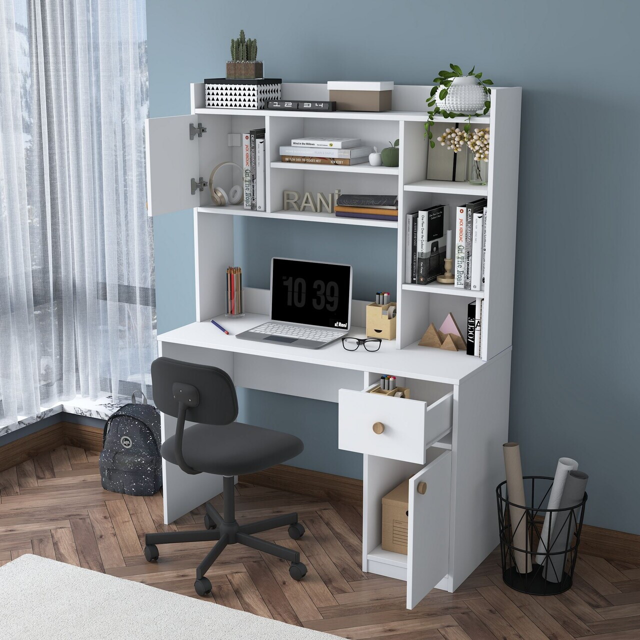 Set birou si biblioteca, Hanah Home, HA128, 120x166x50 cm, PAL melaminat, Alb - view 4