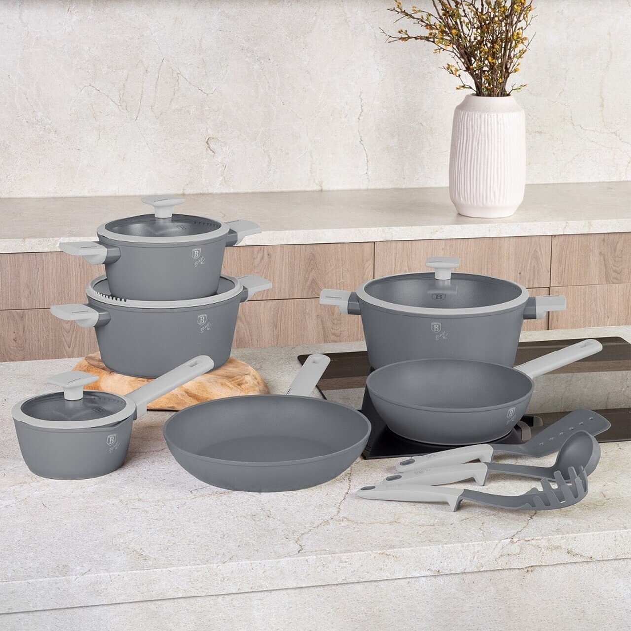 Set pentru gatit Berlinger Haus, Aspen, 15 piese, aluminiu forjat, gri mat