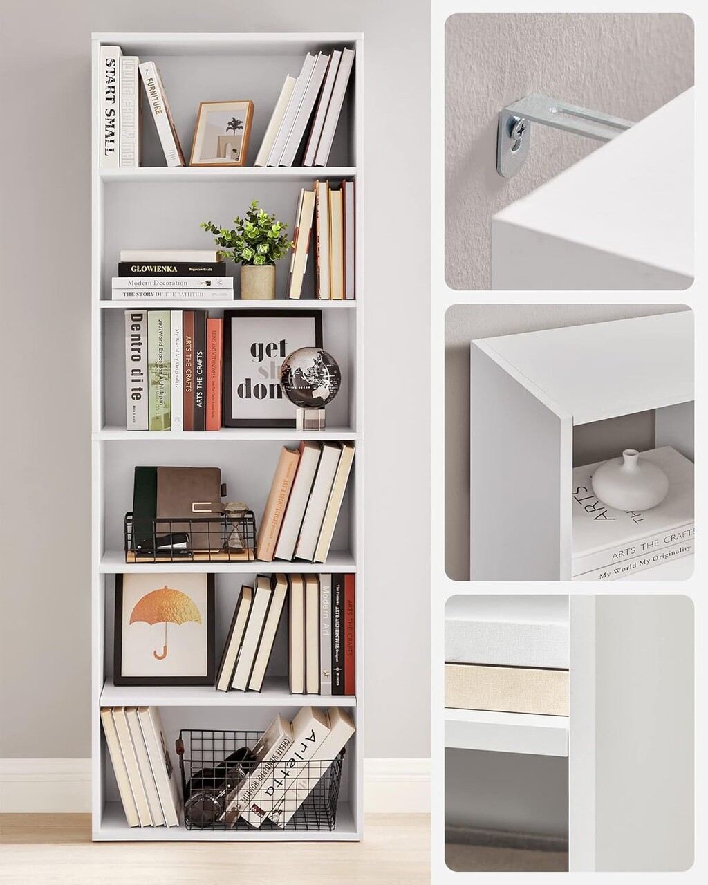 Biblioteca cu 6 rafturi, Scandinavian Style, Vasagle, 60x24x178.5 cm, PAL, alb