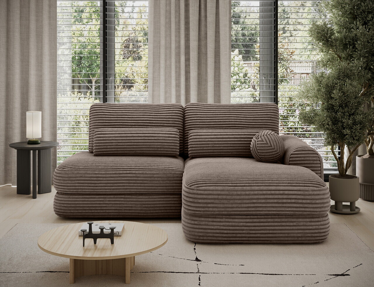 Coltar extensibil dreapta 3 locuri ELTAP, Ripeli, 217x175x96 cm, lemn/catifea din poliester, maro deschis — imaginea 3