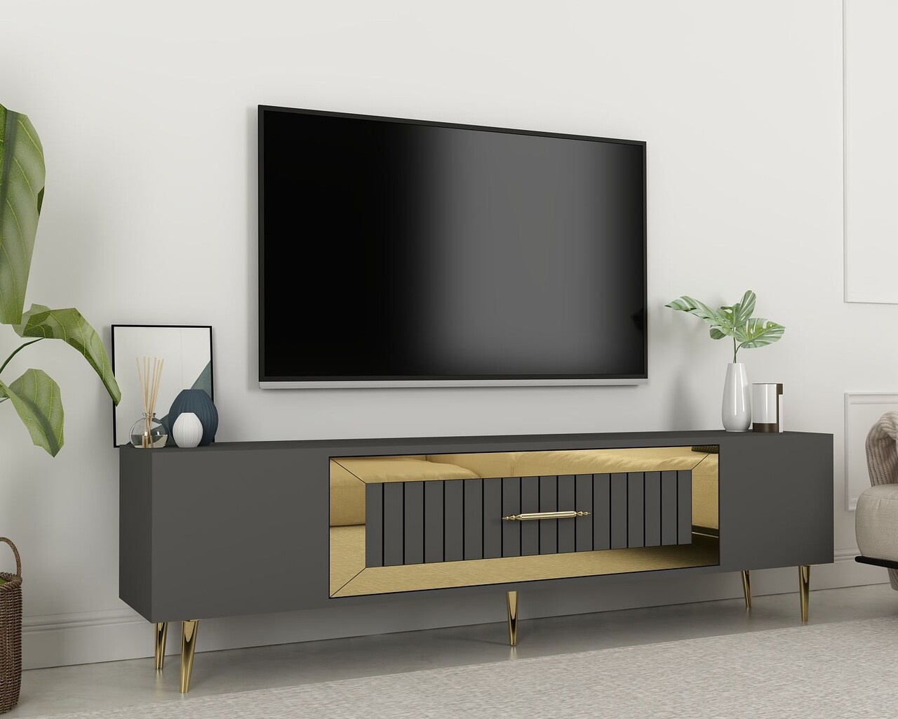 Comoda TV, Olivia, Dekolp3, Antracit / Aur - 1 | YEO