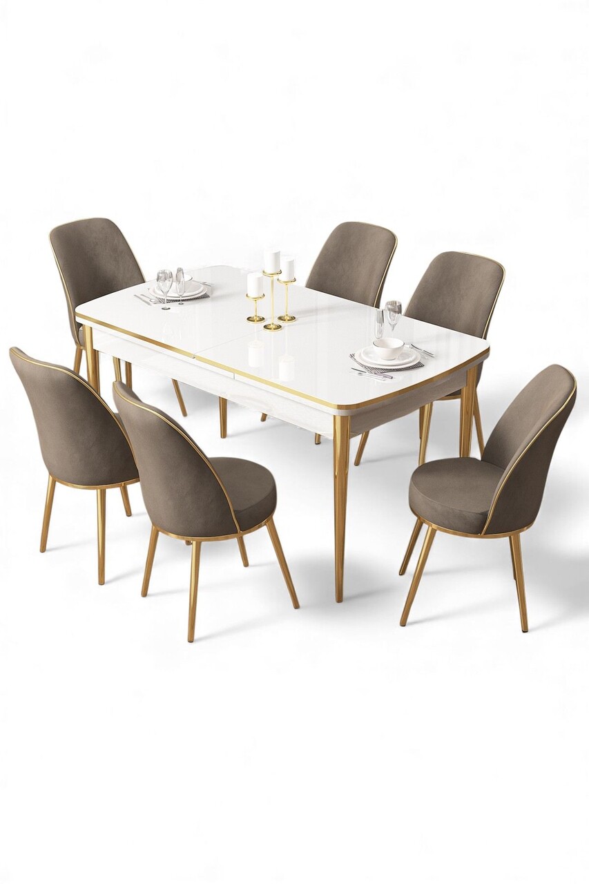 Set masa extensibila si scaune, Hanah Home, Nira, Alb / Auriu / Cappuccino - view 2