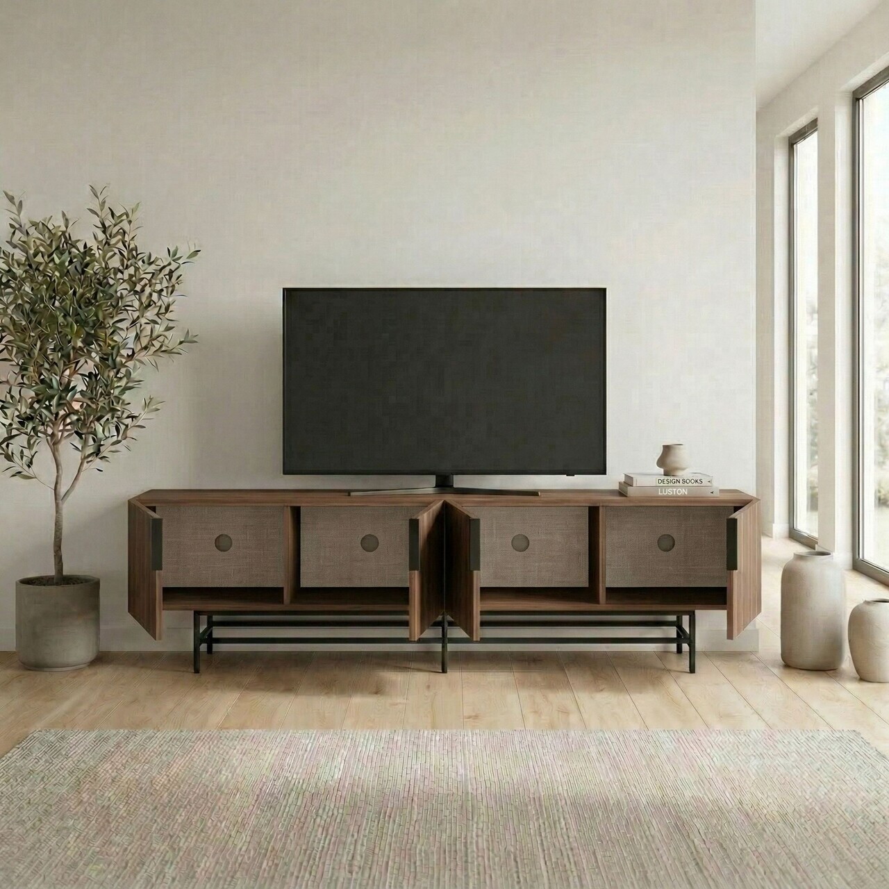 Comoda TV, Hanah Home, Eldia, 200x55x35 cm, PAL, Nuc Milano / Negru — imaginea 2
