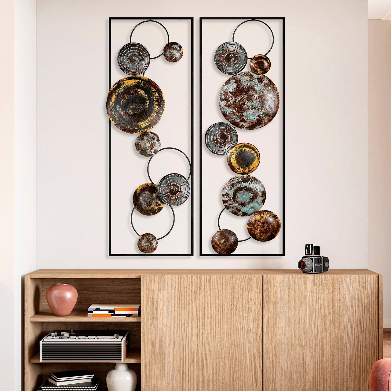Decoratiune de perete, Textured, Metal, Latime: 32 cm / Inaltime: 92 cm / Adancime: 4 cm (2 bucati), Multicolor