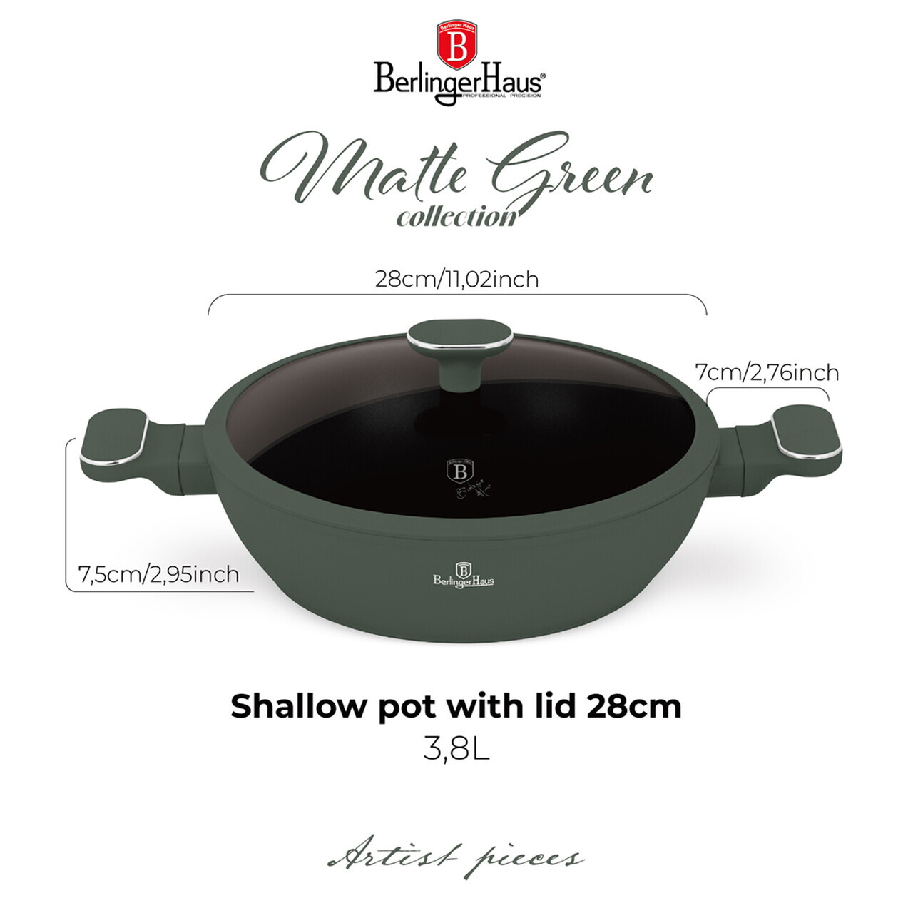 Oala cu capac Berlinger Haus, Matte Green, 28 cm, 3.8 L, aluminiu forjat, verde mat - imagine 8