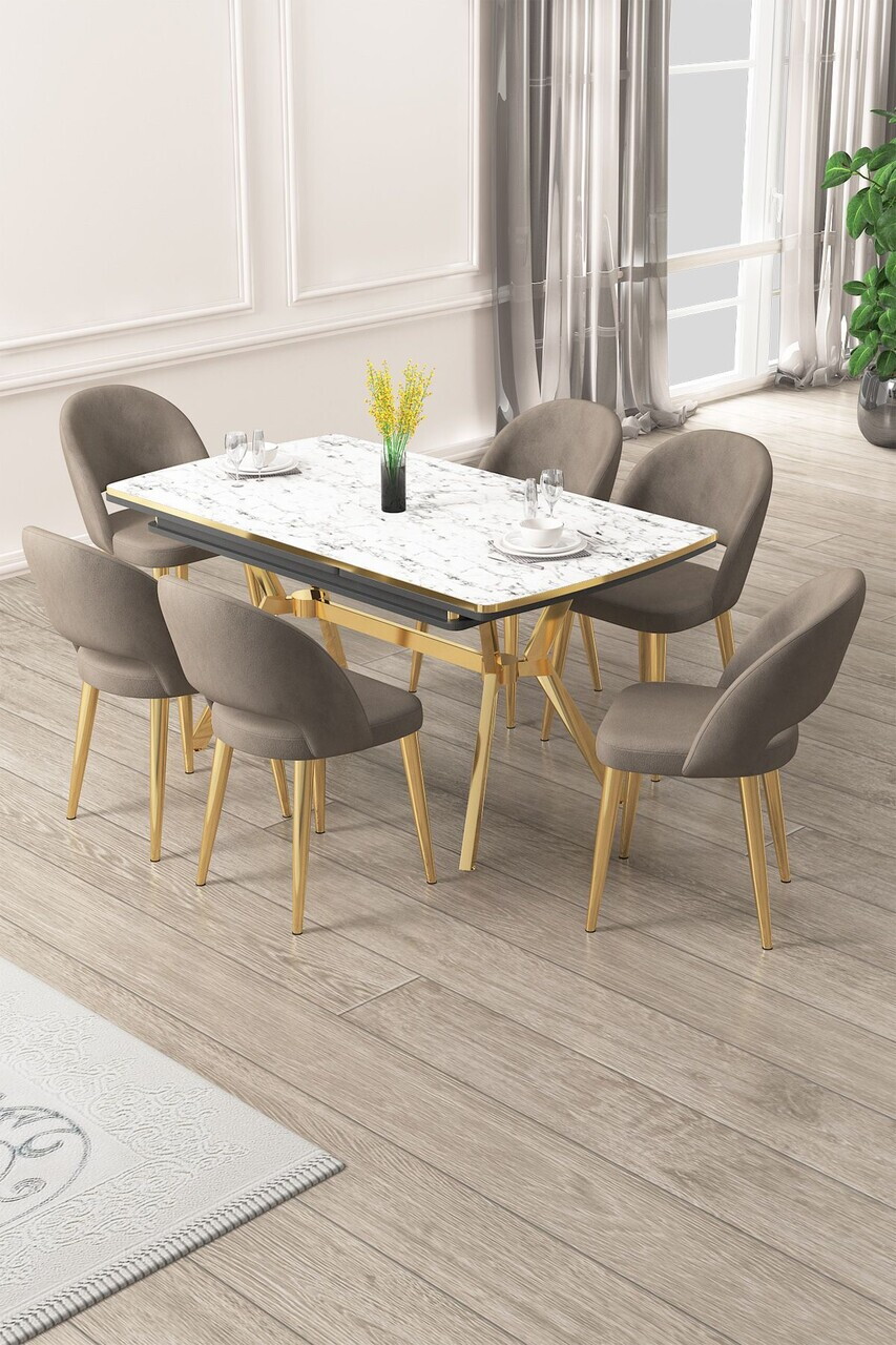 Set masa extensibila si scaune (7 piese), Hanah Home, Weps, Model de marmură albă / Auriu / Cappuccino