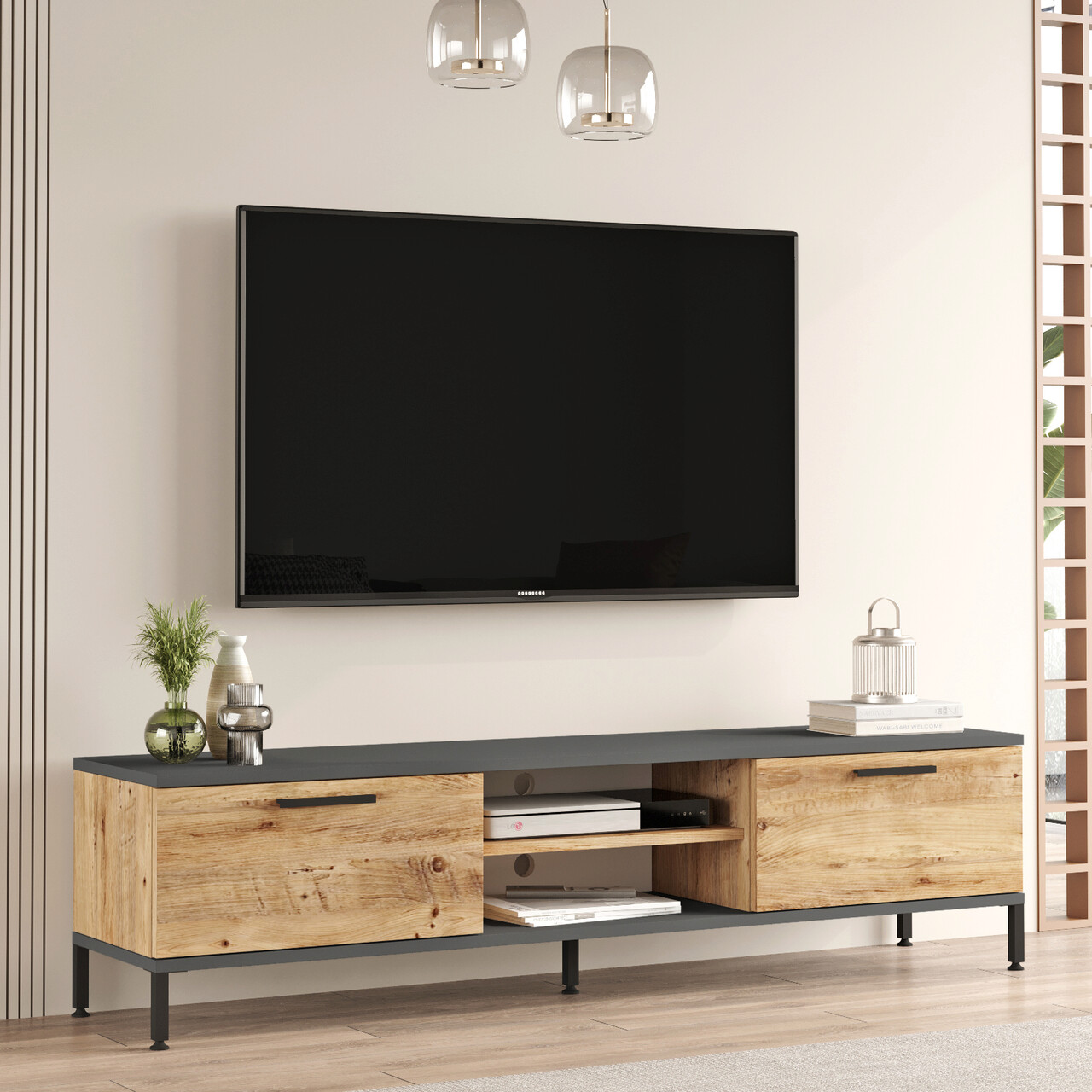 Comoda TV Bedora, 160x35x39.1 cm, PAL, natur/antracit - 1 | YEO