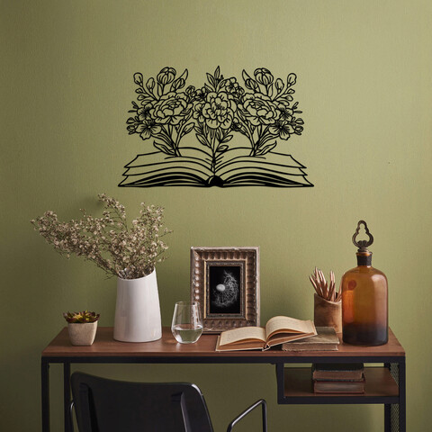 Decoratiune de perete, flower book, metal, dimensiune: 70 x 43 cm, negru