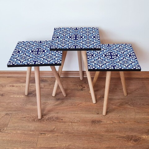 Set masute 3 piese, Leona, 3Shp31, Bleumarin / Alb / Albastru