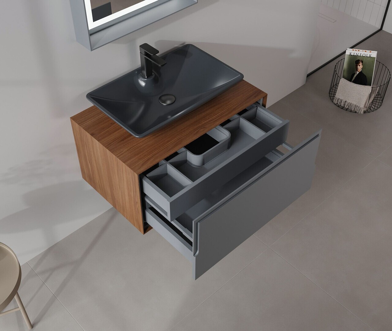 Set Dulap de Baie cu Chiuvetă și Oglindă (2 Piese), Hanah Home, Craft 80, Nuc / Antracit — imaginea 7