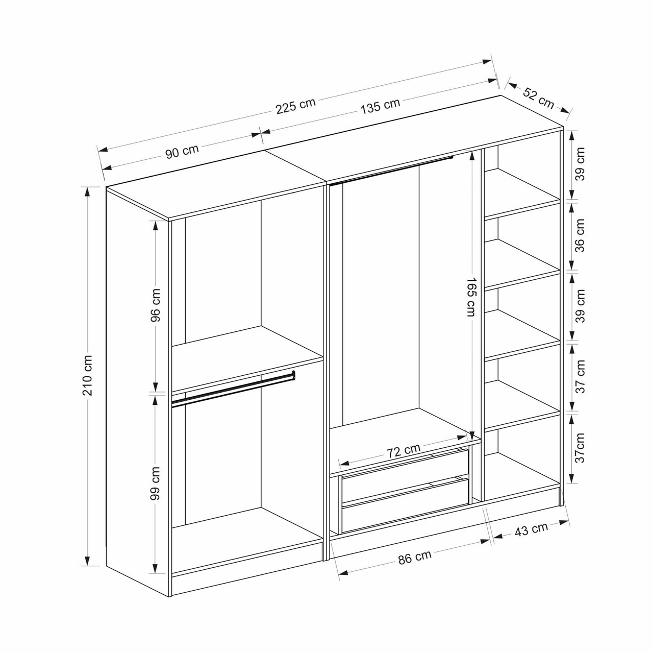 Dulap pentru haine, Hanah Home, Nisa, 225x210x52 cm, Gresie — imaginea 8