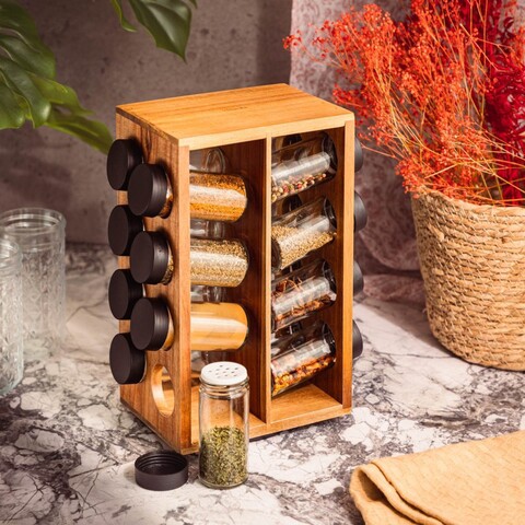 Set 16 recipiente pentru condimente si suport, Lenne, Homla, 17x12x28 cm, lemn/sticla, natur