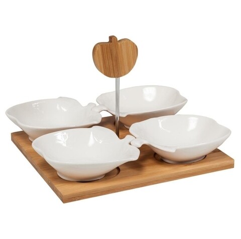 Set 4 boluri pentru aperitive si suport Creaciones Meng, portelan/bambus