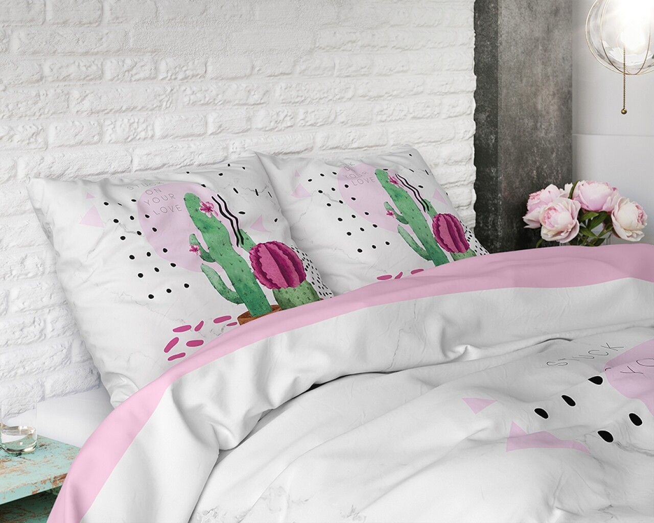 Lenjerie De Pat Dubla Love Your Cactus White - Sleeptime, Royal Textile, 3 Piese, 200 X 220 Cm, Amestec Bumbac, Multicolora