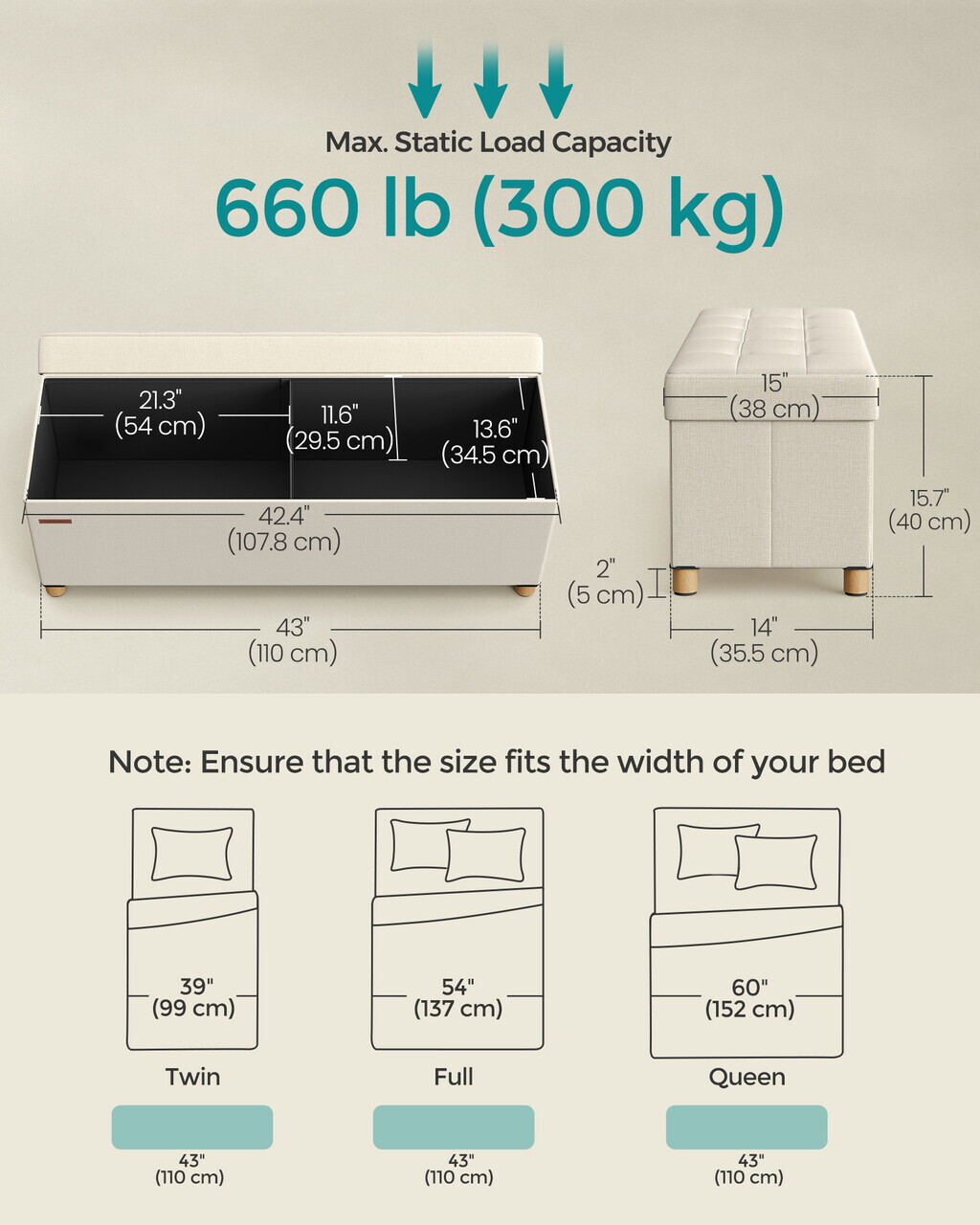 Bancheta cu spatiu pentru depozitare,  Ottoman Bench, Songmics, max 300 kg, 110x38x40 cm, MDF/textil cu aspect de in, crem — imaginea 6