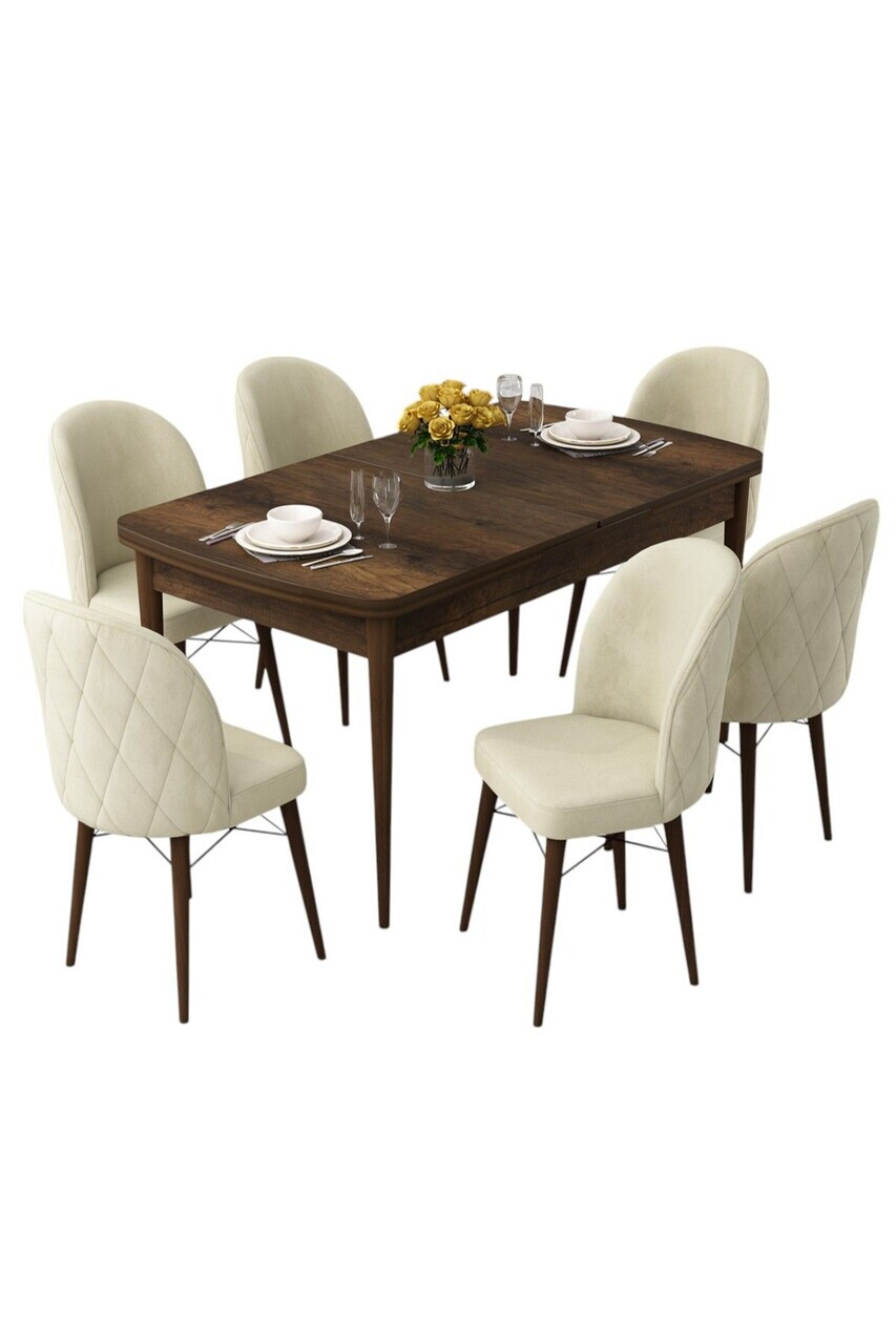 Set masa extensibila si scaune (7 piese), Hanah Home, Rut, Model baroc din lemn / Crem — imaginea 2