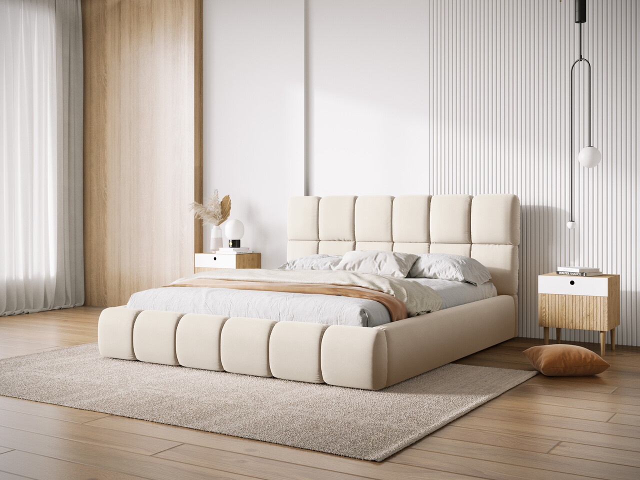 Pat tapitat cu tablie si lada depozitare Bellis Micadoni Home BL 200x200 cm catifea bej deschis