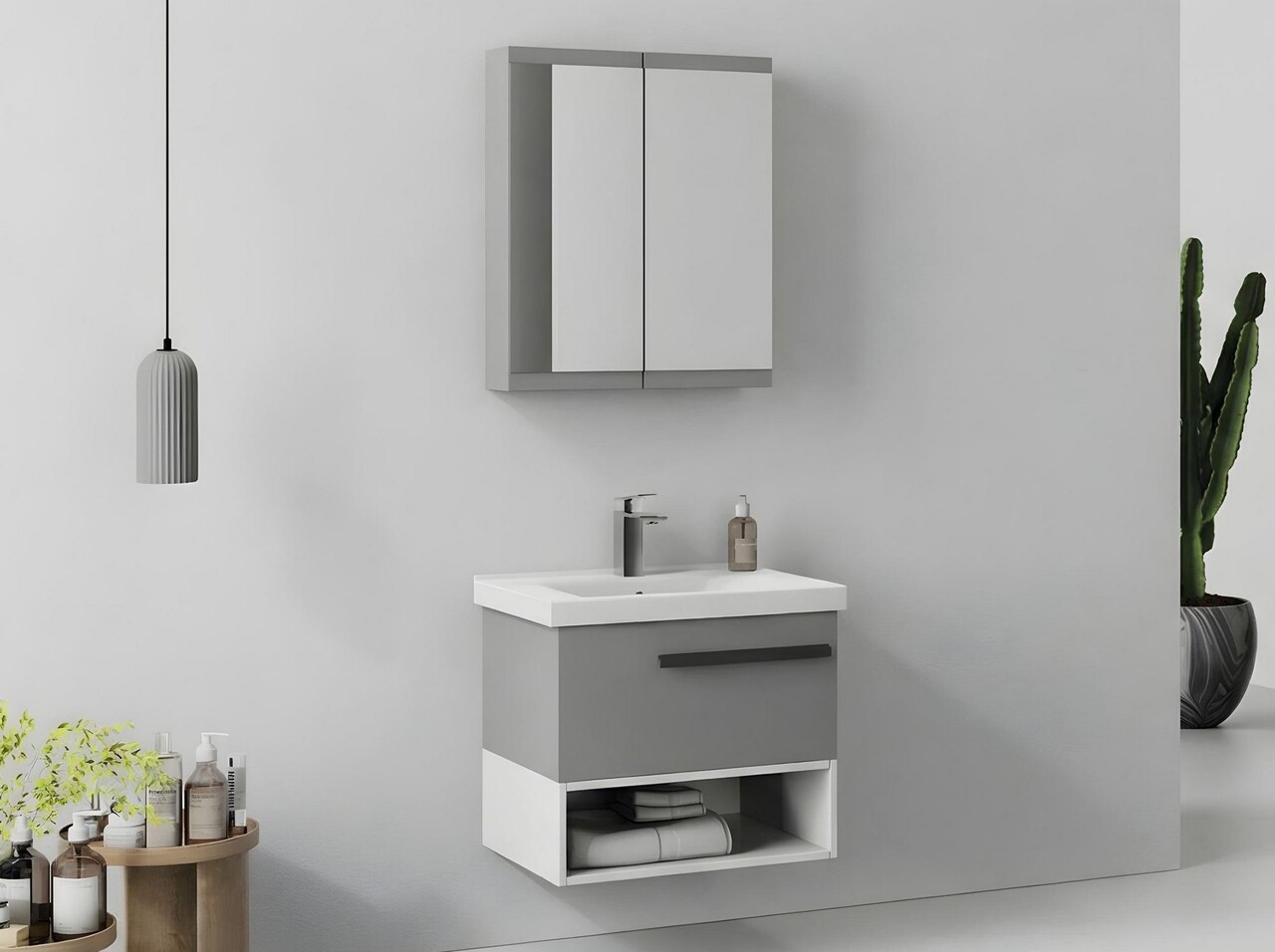 Set mobilier de baie (2 piese), Hanah Home, Blanc 65, Gri Mat - view 2