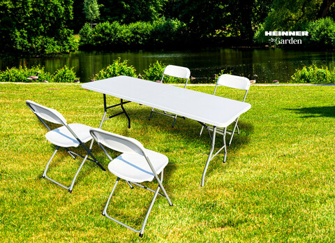 Set masa cu scaune pliabile Heinner, 180x70x74 cm/50x44x80 cm, otel/HDPE plastic, alb