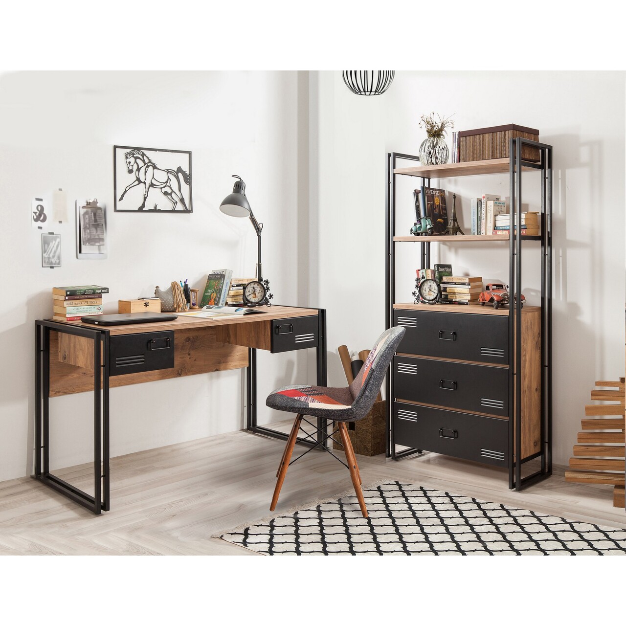 Set de mobilier pentru camera de studiu, Hanah Home, COSMO-TKM.10, Pin Atlantic / Negru — imaginea 2
