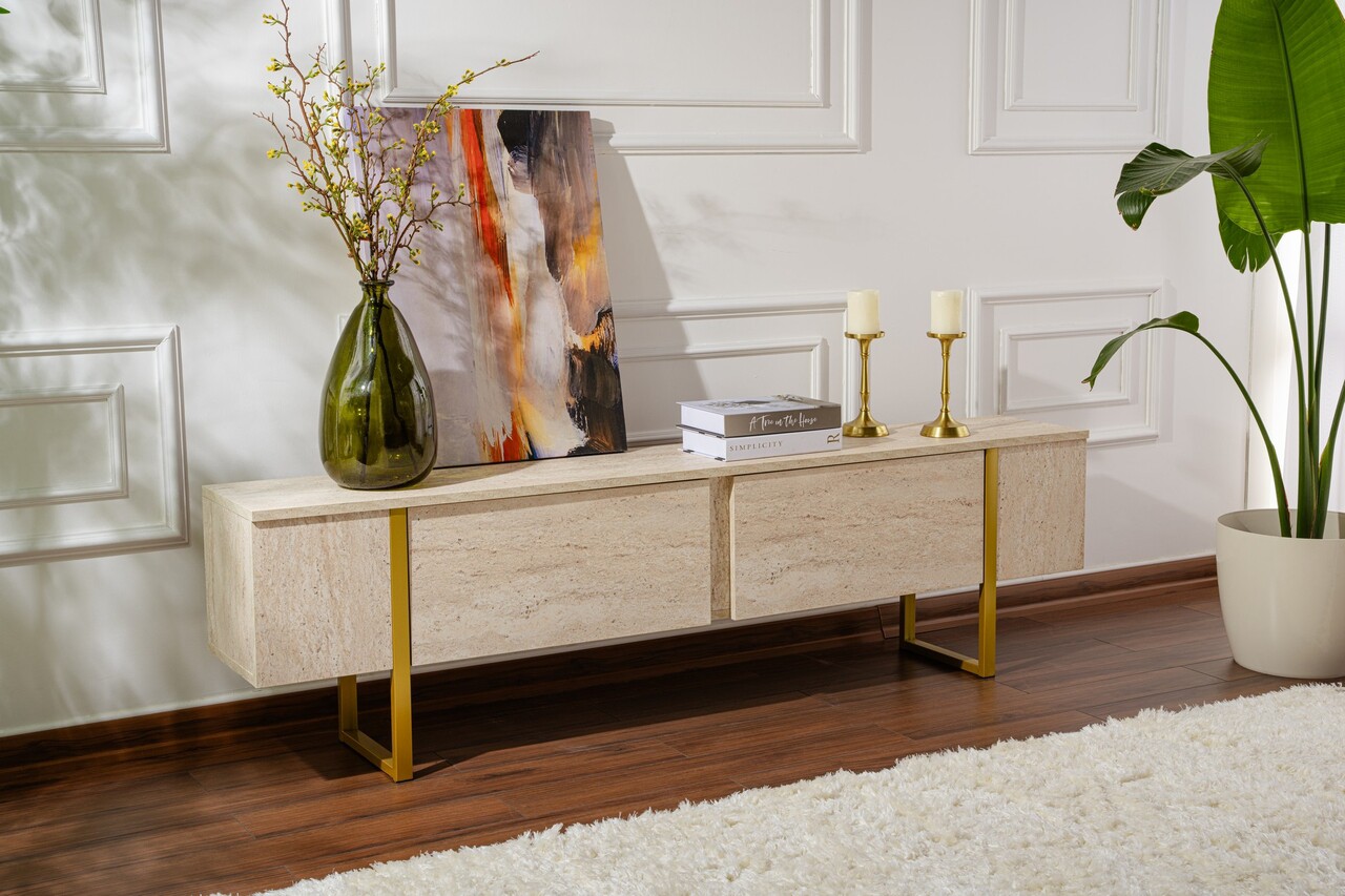 Comoda TV, Nordure, Serenity, 180x50x30 cm, Travertin / Auriu - imagine 4