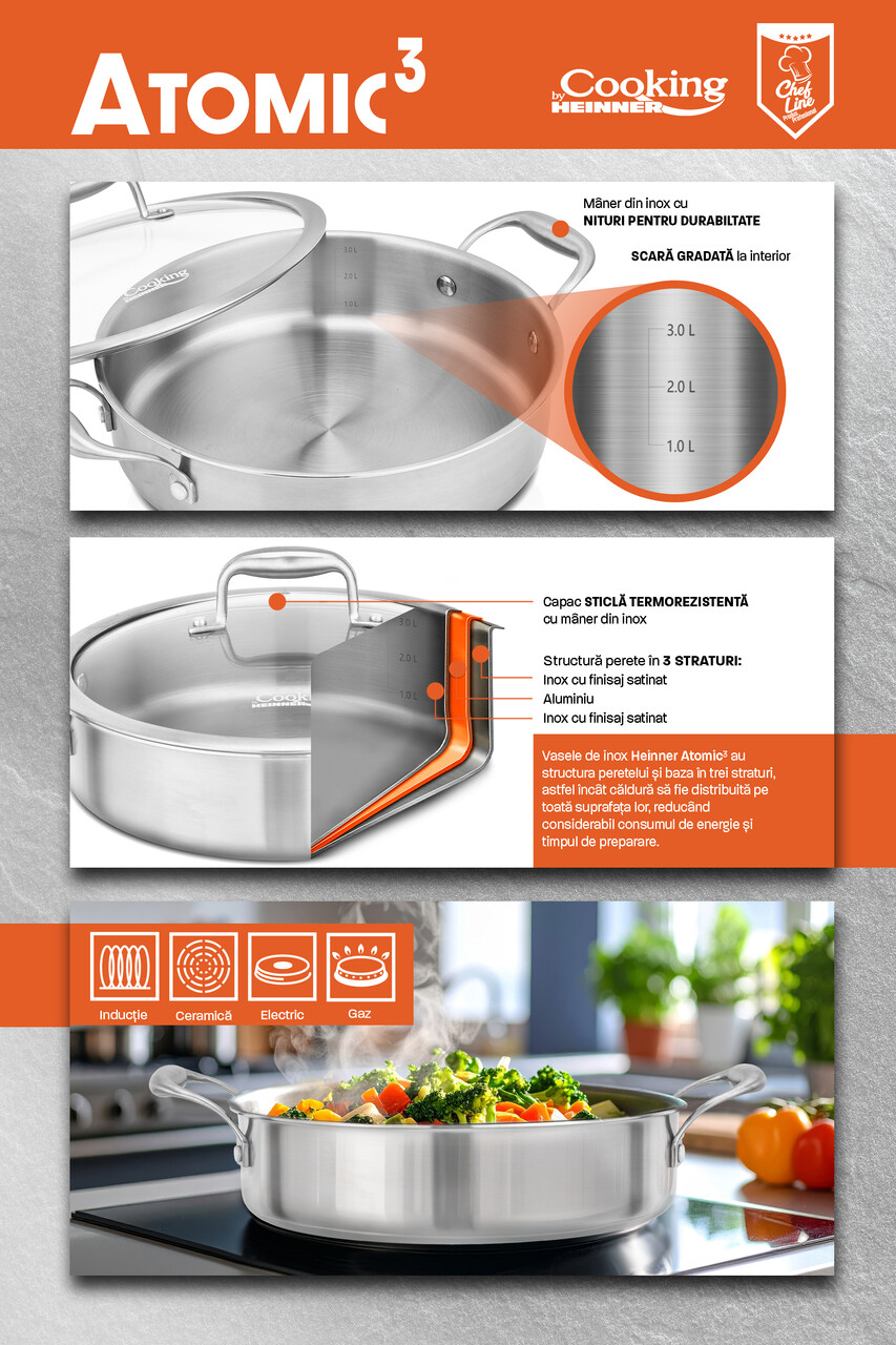 Semioala cu capac Atomic3, Cooking by Heinner, 24x12 cm, 5 L, inox/sticla, argintiu - imagine 9