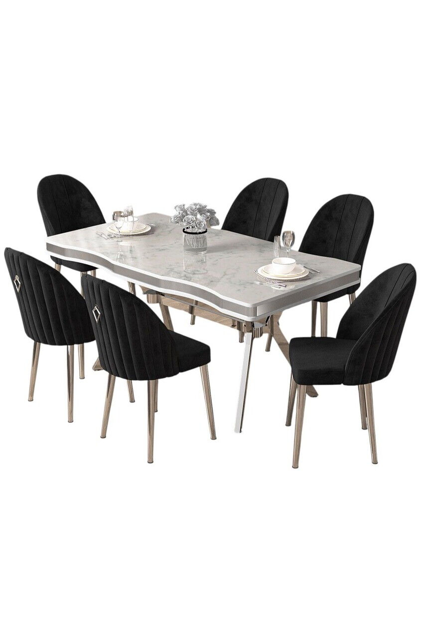 Set masa si scaune (7 piese), Hanah Home, Pem, Model de marmură albă / Crom / Negru — imaginea 2