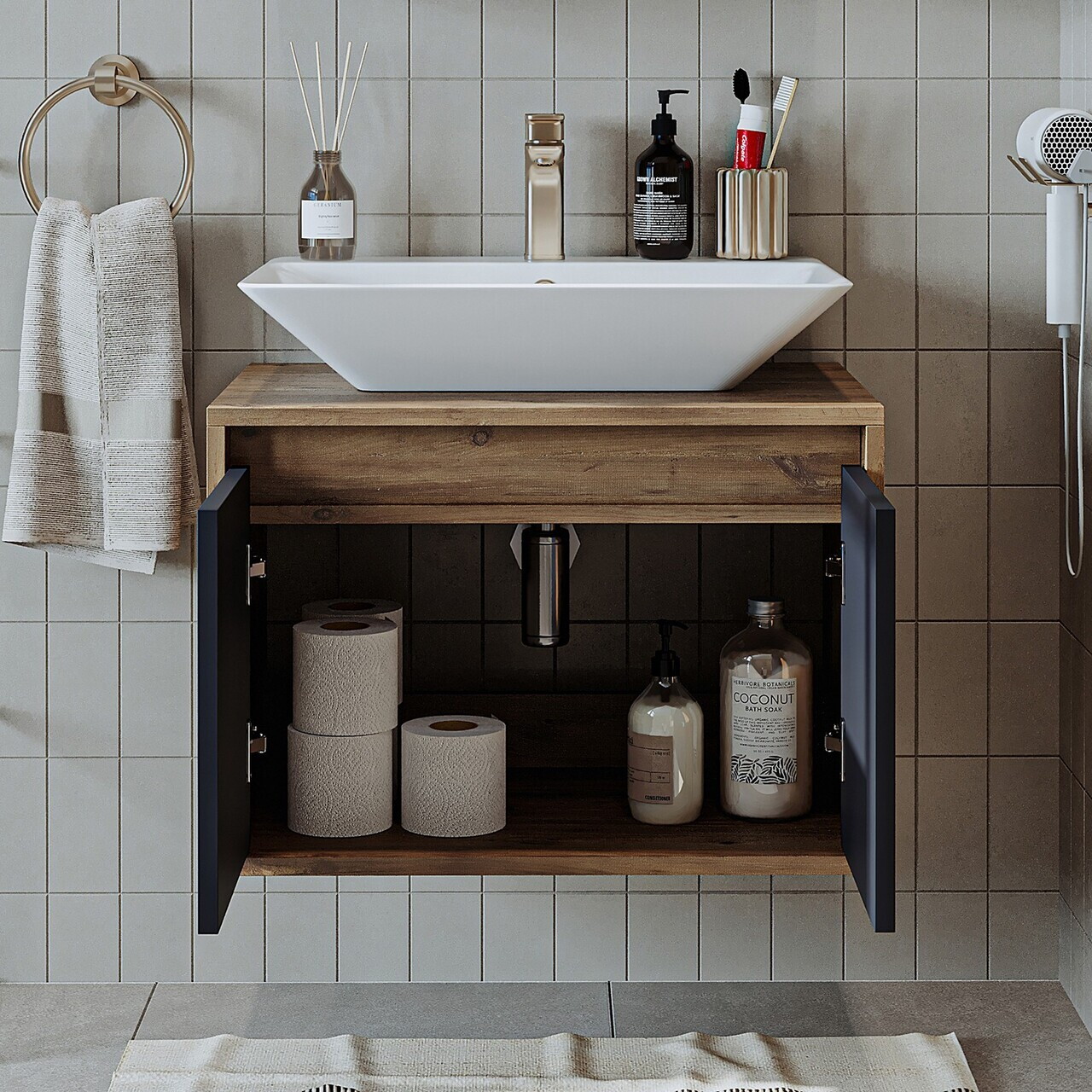 Dulap de baie cu chiuvetă, Hanah Home, 1707, 65x58x45 cm, MDF-LAM, Pin Atlantic / Antracit — imaginea 4