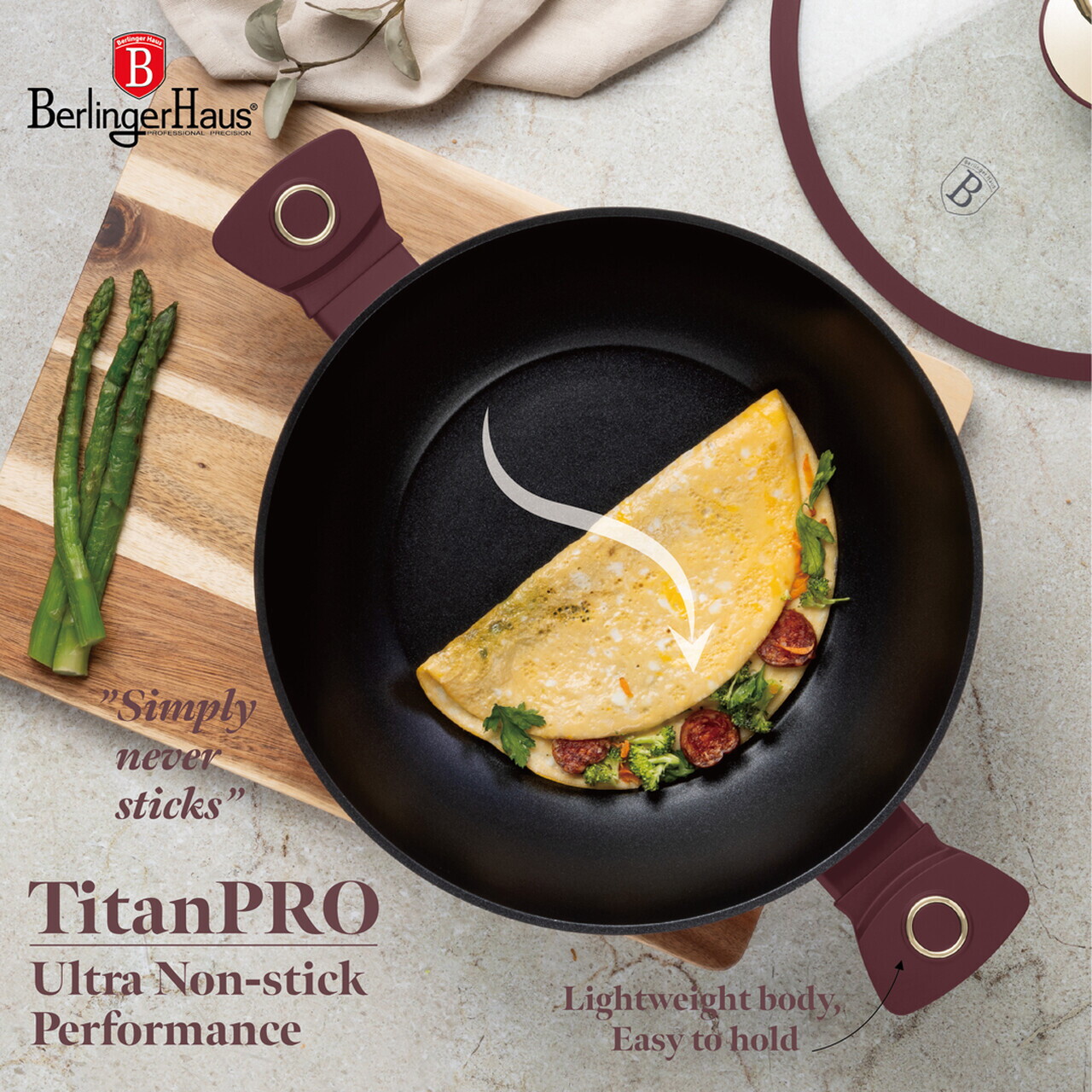 Tigaie Wok cu capac Berlinger Haus, Leonardo, 30 cm, aluminiu forjat, visiniu mat - imagine 10