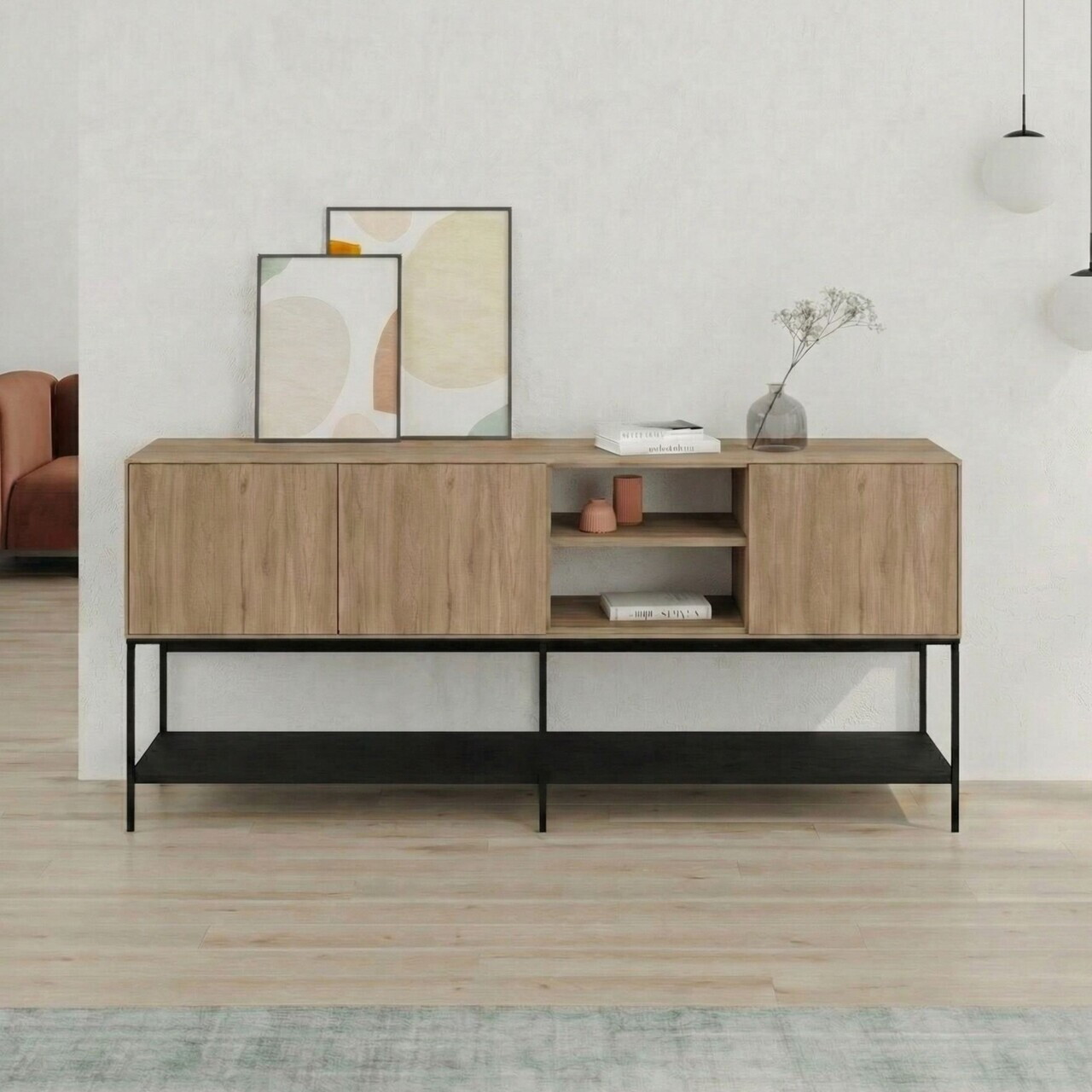 Consola, Hanah Home, Amira, 180x80x40 cm, PAL, Stejar Sepet / Lemn Negru / Negru — imaginea 2