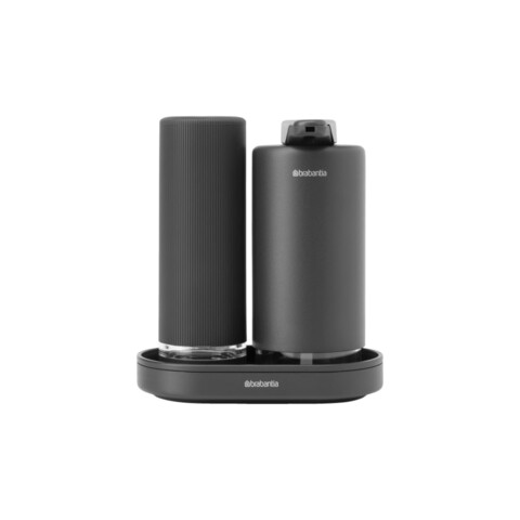 Set dozator sapun / detergent lichid 2 piese, Brabantia, SinkStyle Mineral, 14x9.5x15.7 cm, 220 ml, otel, gri inchis