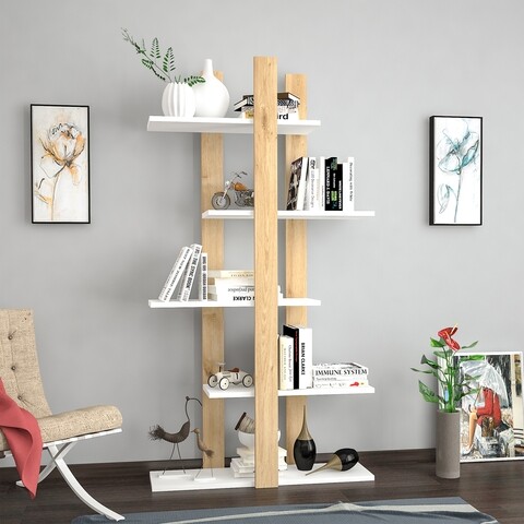 Biblioteca raffline, 75x25.5x150 cm, pal, alb/stejar