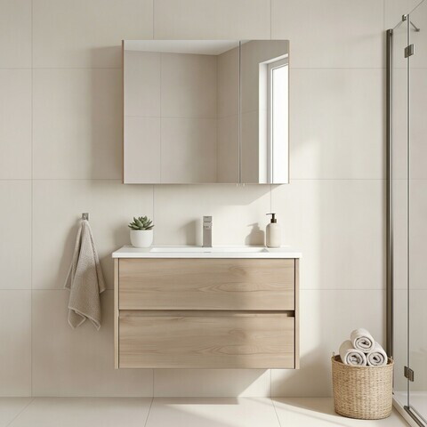 Set Dulap de Baie cu Chiuvetă și Oglindă (2 Piese), Hanah Home, Side 85 v2, Stejar