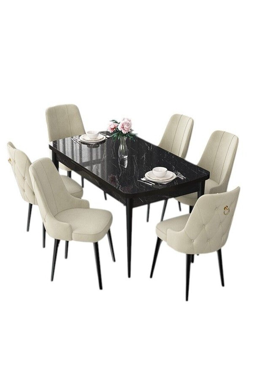 Set masa extensibila si scaune (7 piese), Hanah Home, Nex, Model de marmură neagră / Crem — imaginea 2