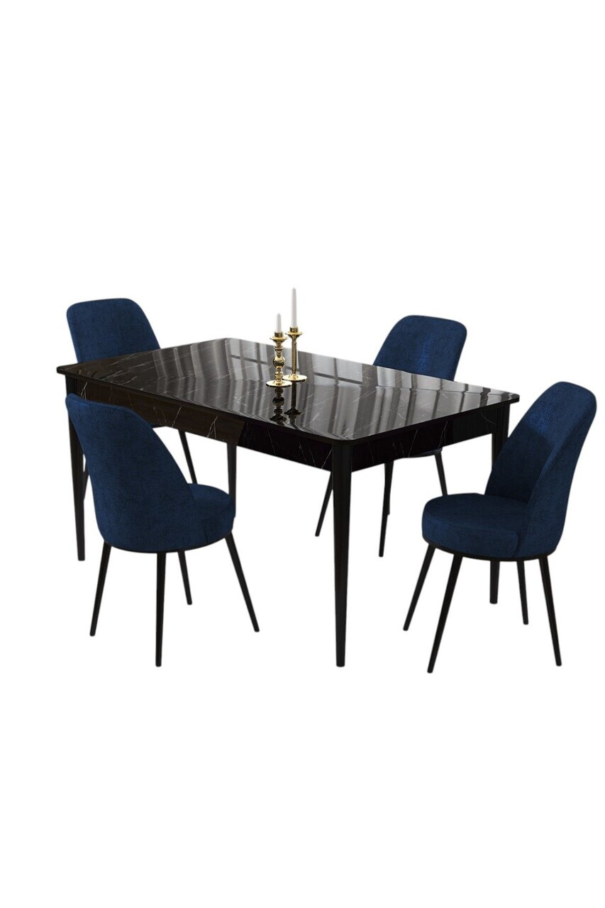 Set masa si scaune (5 piese), Hanah Home, Pir, Model de marmură neagră / Bleumarin — imaginea 2