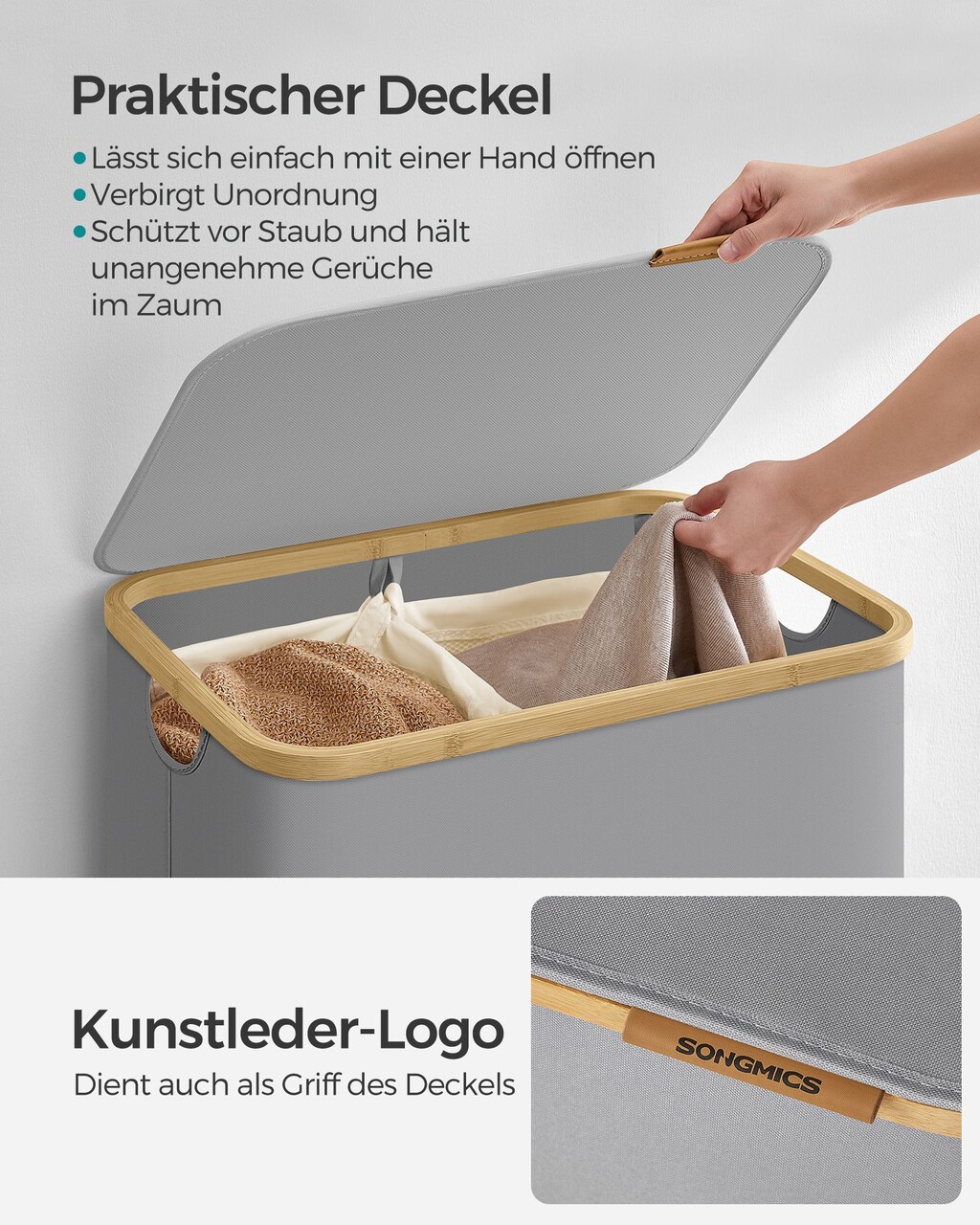 Cos de rufe textil cu 2 compartimente, Songmics, 52x38.5x70.5 cm, 130 L, bambus/tesatura Oxford, gri dove - imagine 7