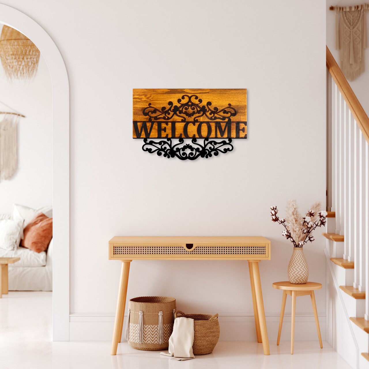 Decoratiune de perete, Welcome, Lățime: 58 cm Înălțime: 36 cm Adâncime: 3 cm, Nuc / Negru - view 3